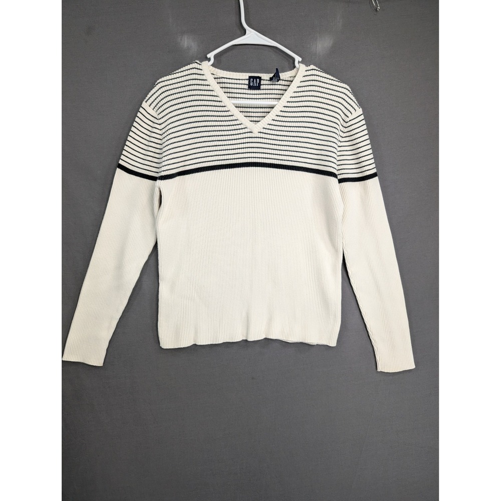 GAP V-Neck Striped Ribbed Knit Cotton Sweater Cream Navy Large 8316